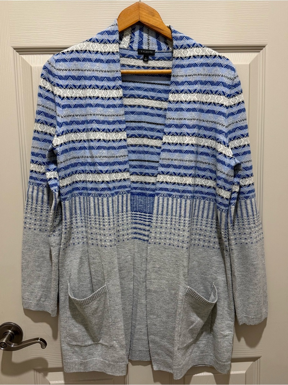 Talbots Cardigan Womens L Blue Gray Lambswool Fair Isle Open Front